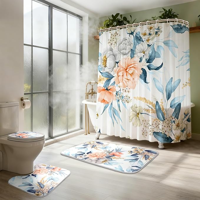 16 PCS Floral Shower Curtain Set with Rugs,72x72 Inch | Flower Bath Curtains, High Absorbent Non-Slip Mats, Thick 120GSM Fabric Curtain with 12 Brushed Metal Hooks,