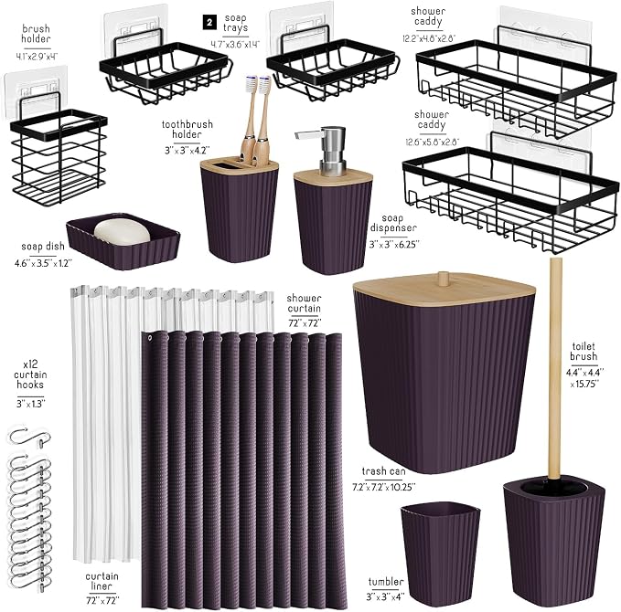 Clara Clark Bathroom Set, Shower Curtain Set and Shower Caddy Hanging | 25 Piece Purple Bathroom Accessories Set with Toothbrush Holder, Soap Dispenser, Soap Dish, Toilet Brush, and Trash Can