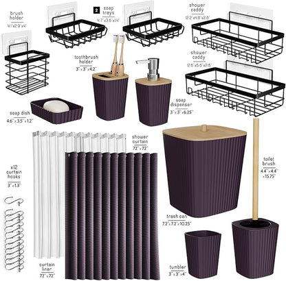 Clara Clark Bathroom Set, Shower Curtain Set and Shower Caddy Hanging | 25 Piece Purple Bathroom Accessories Set with Toothbrush Holder, Soap Dispenser, Soap Dish, Toilet Brush, and Trash Can