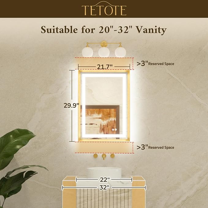 22 x 30 Bathroom LED Mirror Brushed Gunmetal Gray/Off‑Black Metal Frame Frontlit & Backlit Vanity Mirror Anti-Fog Stepless Dimmable 3 Colors White/Warm/Natural Mirror with Lights Wall-Mounted