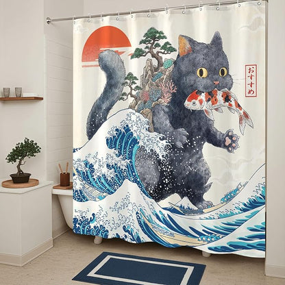 Accnicc Funny Cat Monster Shower Curtain for Bathroom 72 X 72 Inch | Fun Cool Black Cat Shower Curtains, Japanese Ocean Wave Kids Bath Curtain Decor, Water-Resistant Washable Polyester Fabric