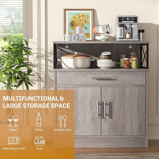 Shintenchi Kitchen Buffet Cabinet with Adjustable Shelf, Modern Kitchen Storage Cabinet,Farmhouse Coffee Bar Cabinet（Ash Grey）
