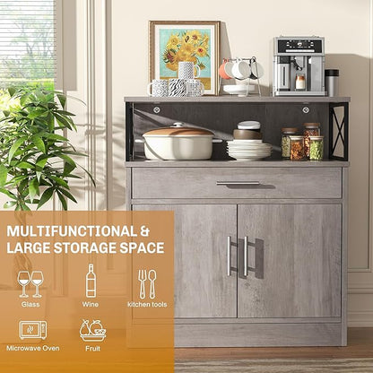 Shintenchi Kitchen Buffet Cabinet with Adjustable Shelf, Modern Kitchen Storage Cabinet,Farmhouse Coffee Bar Cabinet（Ash Grey）