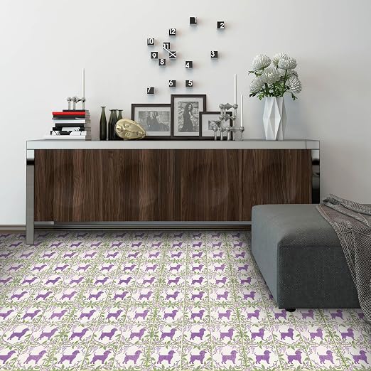 Purple Dog Floral Peel and Stick Floor Tiles 12x12 Inch 10PCS | Purple Dog Floral removable self adhesive PVC vinyl tiles for kitchen bathroom entryway laundry room and indoor home decor