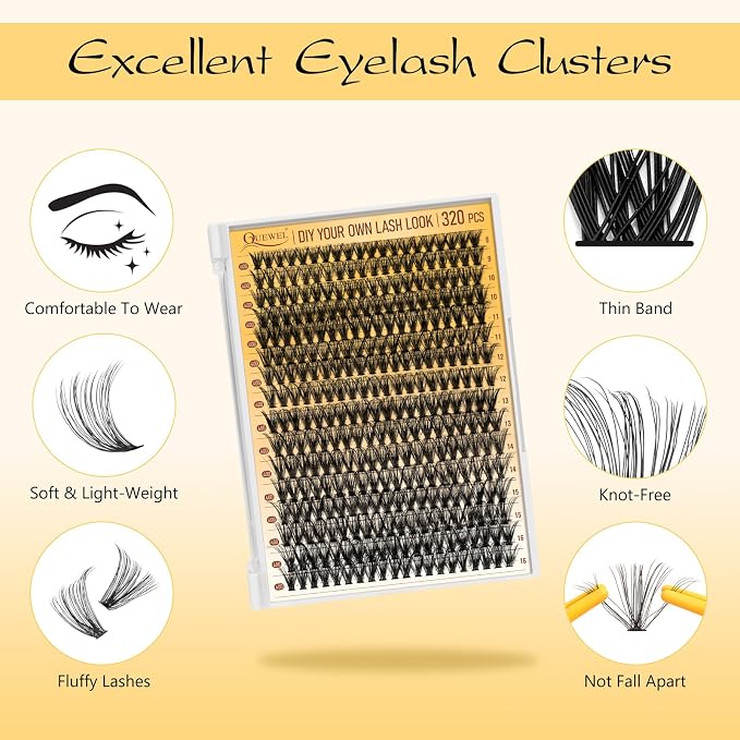 QUEWEL Lash Clusters Kit, 320 Pcs 40D Lash Cluster Eyelash Extensions | 9-16mm Lash Clusters Wispy Kit with Eyelash Clusters Bond and Seal Glue Remover Tweezers (40D Kit)