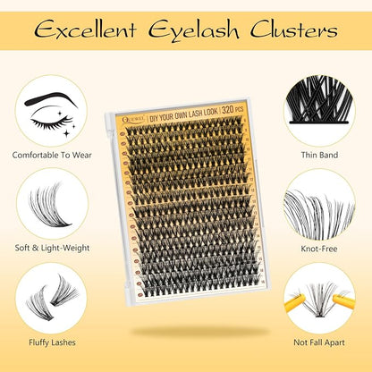 QUEWEL Lash Clusters Kit, 320 Pcs 40D Lash Cluster Eyelash Extensions | 9-16mm Lash Clusters Wispy Kit with Eyelash Clusters Bond and Seal Glue Remover Tweezers (40D Kit)