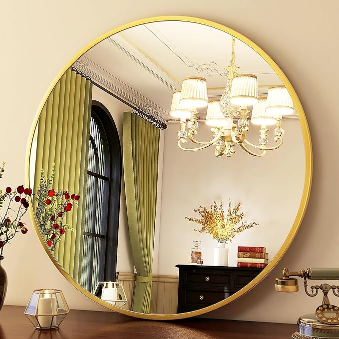 HARRITPURE 24 Inch Round Mirror Gold Circle Bathroom Mirror | Modern Aluminum Alloy Frame Wall Mounted Vanity Mirror for Living Room, Bedroom, Entryway