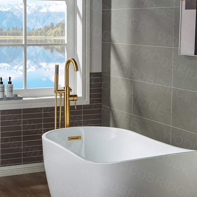 WOODBRIDGE Contemporary Single Handle Floor Mount Freestanding Tub Filler Faucet with Hand shower in Brushed Gold Finish, F0007BGRD