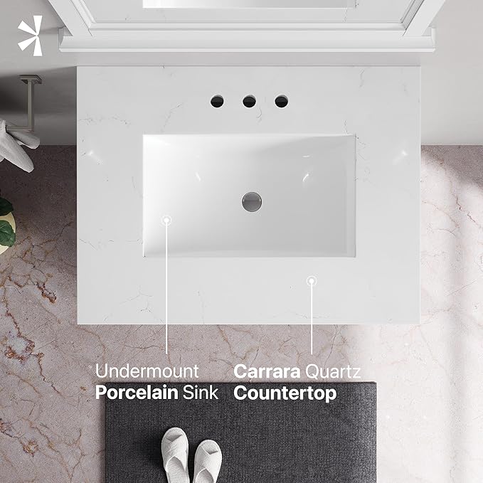 Eviva Britney 30 in. White Single Sink Bath Vanity with Carrara Quartz Top and Undermount Porcelain Sink