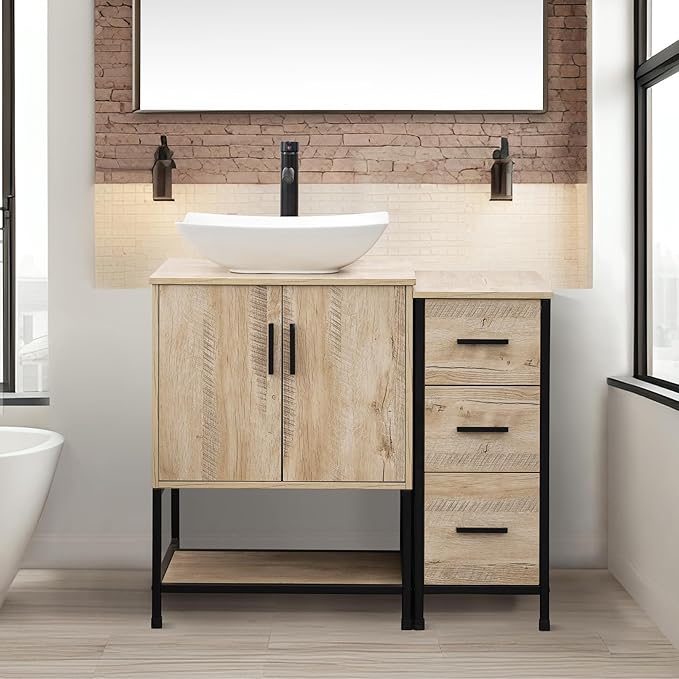 UEV 36" Rustic Oak Bathroom Vanity with Sink Combo,Industrial Iron Frame Bathroom Cabinet Sets with 3 Drawers Side Cabinet,Modern Artistic Ceramic Vessel Sink(032WH)