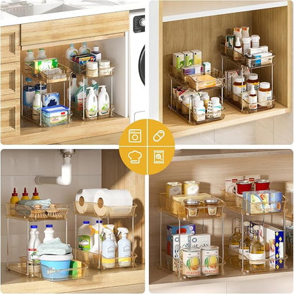 Delamu 2-Tier Under Sink Organizers and Storage, Multi-Purpose Stackable Bathroom Cabinet organizers, Pull Out Kitchen Pantry Organization and Storage with Dividers(2 Pack, Amber)