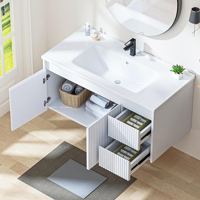 Floating Bathroom Vanity with Sink, 40 Inch Wall Mounted Bathroom Vanity with 2 Drawers and Wave-Carved Design Door, Modern Wooden Cabinet with Ceramic Sink and Storage, White