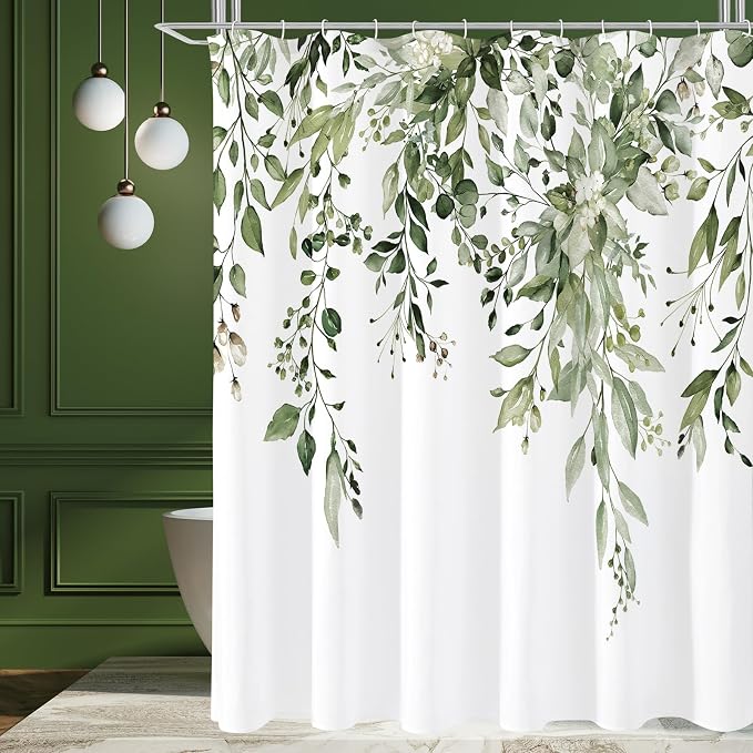 Olive Green Eucalyptus Shower Curtain, Floral Print, 108x72 | Watercolor Plant Leaves Floral Print, Extra Wide Waterproof Fabric Bathroom Decor, Machine Washable, Rustproof Grommets