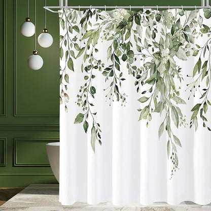 Olive Green Eucalyptus Shower Curtain, Floral Print, 108x72 | Watercolor Plant Leaves Floral Print, Extra Wide Waterproof Fabric Bathroom Decor, Machine Washable, Rustproof Grommets