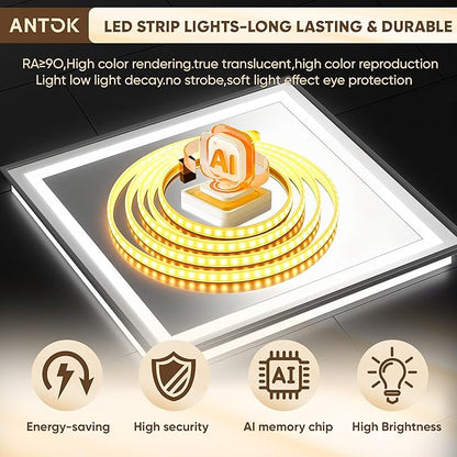 Antok 40X32 LED Bathroom Mirror with Lights, Vanity Mirror for Wall with Black Frame, Touch Control, Anti-Fog, Dimmable Lights, Shatter-Proof, Memory Function, Wall-Mounted Vanity Mirrors