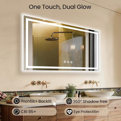 55x30 LED Bathroom Mirror with Anti-Fog, Backlit & Front Lit, Memory | Stepless Dimmable 3 Color CRI 95+ Shatterproof Tempered Glass ETL Listed for Safety Lighted Bathroom Vanity Mirror for Wall