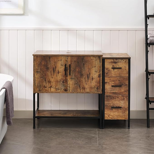 UEV 42" Rustic Brwon Bathroom Vanity with Sink Combo,Industrial Iron Frame Bathroom Cabinet Sets with 3 Drawers Side Cabinet(Without Sink Combo)