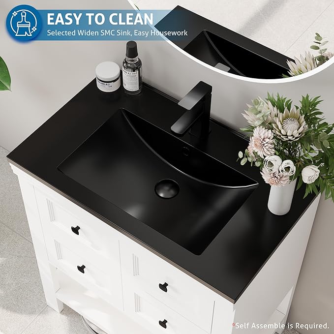 eclife 30" Bathroom Vanity with Sink Combo, Modern Painted Vanities Cabinet with Big Drawers, Opening Bottom Shelf, Raised Foot Pads, Include Undermount Black Sink, Faucet & Drain, White