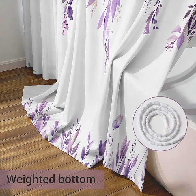 Purple Floral Eucalyptus Shower Curtain with Hooks, 72x84 Inch | Waterproof Fabric, Watercolor Leaves and Floral, Botanical Style, Machine Washable, Quick-Drying, for Hotel Bathroom