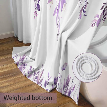 Purple Floral Eucalyptus Shower Curtain with Hooks, 72x78 Inch | Waterproof Fabric, Watercolor Leaves and Floral, Botanical Style, Machine Washable, Quick-Drying, for Hotel Bathroom