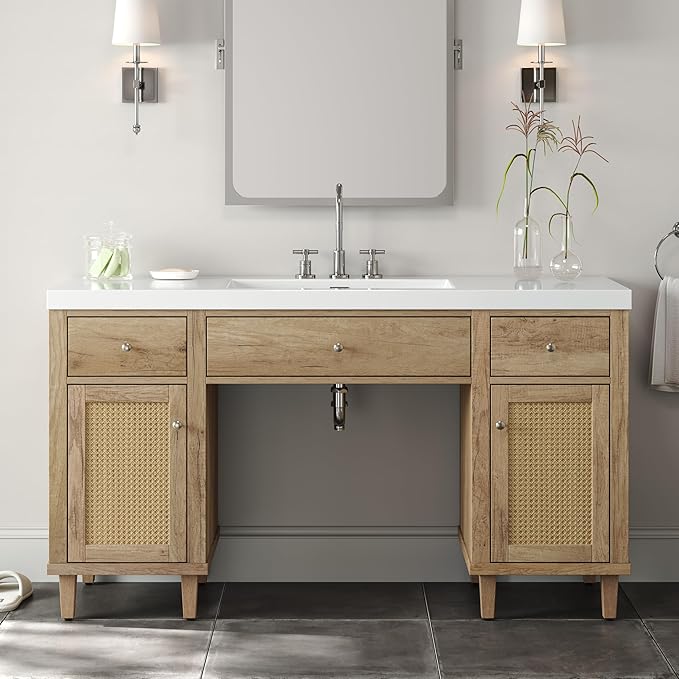60 Inch Bathroom Vanity with Single Sink & Integrated Countertop,Large Bathroom Vanity with Rattan Doors,2 Drawers & Storage Cabinets,Gas Spring Tip-Out Tray,Soft Closing System,Solid Wood Legs