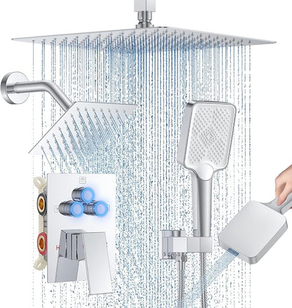 Shower Faucet Set, 12" Ceiling Mount Rainfall Shower System with 2 Rain Shower Head and Multi-function Handheld Head Push Button Diverter Shower Faucet Trim Kit (12", Polished Chrome)