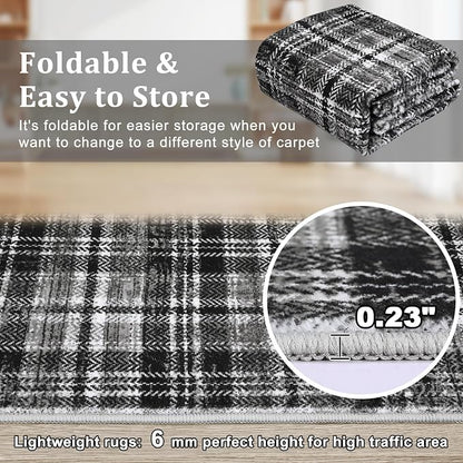 Large Area Rug - 10x13 Modern Black/Grey Plaid Rug for Bedroom, Living Room, Dining Room - Soft, Non-Slip, Low Pile, Stain Resistant Carpet