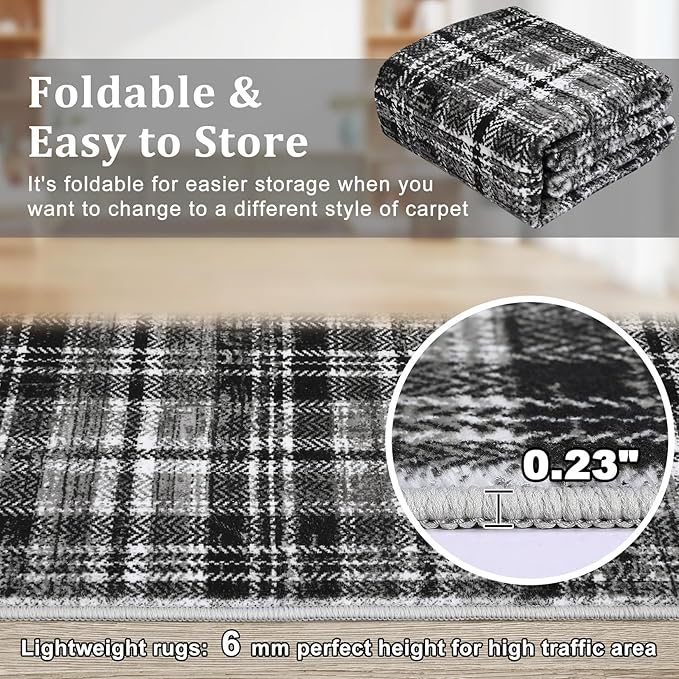 Washable Rugs 8x10 Rug for Living Room Soft Bedroom Rug Modern Plaid Black Large Area Rug Non Slip Throw Rugs Non Shedding Stain Resistant Carpet for Nursery Dining Room 8'x10' Black/Grey