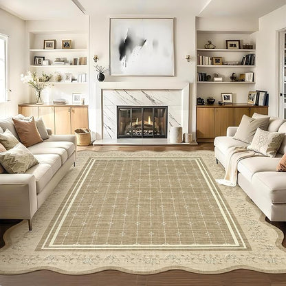 Garvee Washable Rugs for Living Room 8x10 Area Rugs Scalloped Rug Camel | Modern Bordered Non Slip Large Kids Bedroom Carpet Indoor Stain Resistant Floor Cover for Bedroom Dining Room Office Nursery