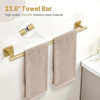 Lairuier Bathroom Hardware Set Brushed Gold, Towel Holder Set Wall Mounted | Bathroom Accessories Set, SUS304 Stainless Steel 23.6" Towel Bar, Toilet Paper Holder with Shelf, Towel Ring and Towel Hooks
