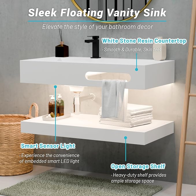 36"x19" Wall Mount Bathroom Vanity with LED Smart Sensor Light, Stone Resin Floating Vanity Sink Rectangular Vessel White Trough Art Basin with Shelf Layer