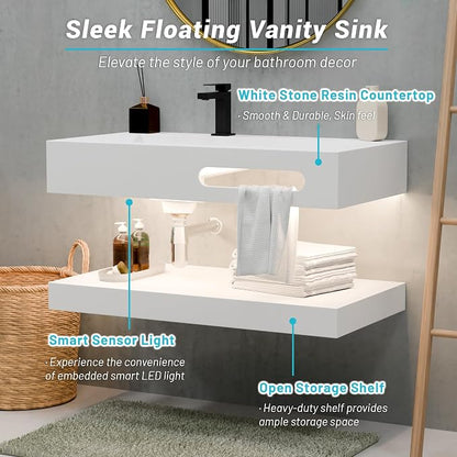 36"x19" Wall Mount Bathroom Vanity with LED Smart Sensor Light, Stone Resin Floating Vanity Sink Rectangular Vessel White Trough Art Basin with Shelf Layer