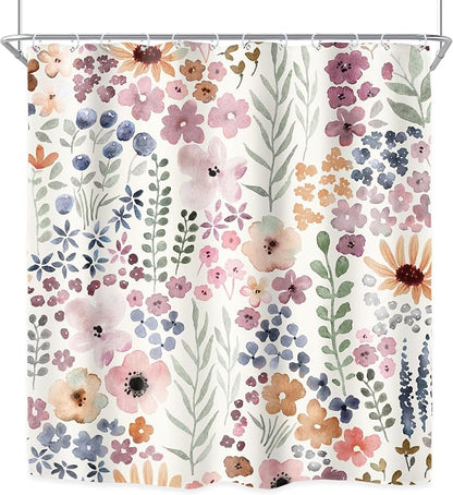 Extra Long Cute Boho Wildflower Watercolor Kids Bathroom Shower Curtain Set | 72"W x 84"H Leaves Girls; waterproof HD print, quick-dry fabric with 12 hooks for easy hanging.