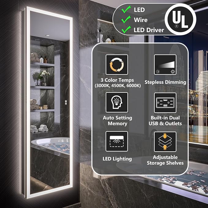 20 X 70 Full Body Lighted Medicine Cabinet with Mirror with Dimmable Front&Backlit, Outlets, Sensor Light, 5 Adjustable Shelves, Surface/Recessed Mounted Aluminum LED Medicine Cabinet for Bathroom