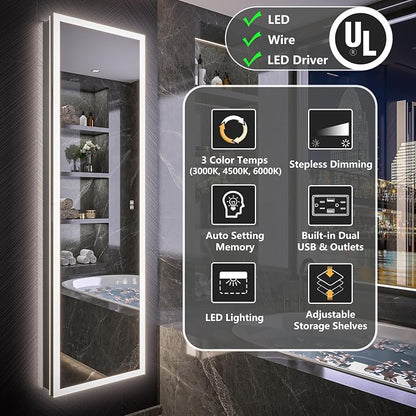 20 X 70 Full Body Lighted Medicine Cabinet with Mirror with Dimmable Front&Backlit, Outlets, Sensor Light, 5 Adjustable Shelves, Surface/Recessed Mounted Aluminum LED Medicine Cabinet for Bathroom