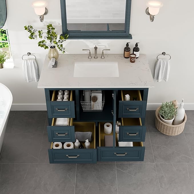 Eviva Britney Ash Blue 42 Inch Bathroom Vanity with Sink - A Fusion of Bathroom Sink Cabinet - White Undermount Porcelain Sinks - Bathroom Vanities for Elegance-Bathroom Sink Vanity