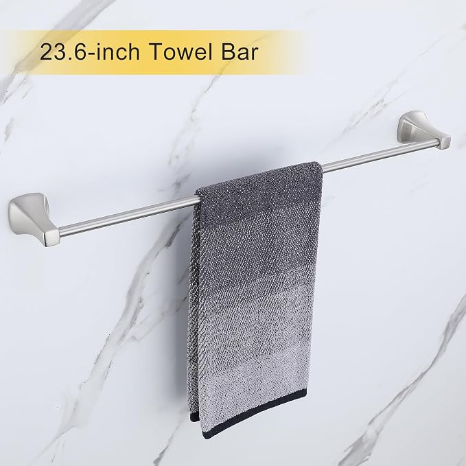 Brushed Brushed Nickel Bathroom Hardware Set 4 Piece Brushed Nickel Bathroom Accessories Set, 23.6 inch Bath Towel Bar Set | Towel Hook | Toilet Paper Holder | Hand Towel Holder