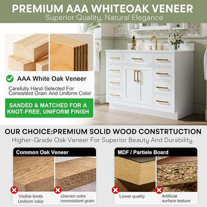 48-Inch Bathroom Vanity with Sink W/ 2 Doors & 8 Drawers & 1 Flip Drawer, White Vanity W/Brushed Gold Handles