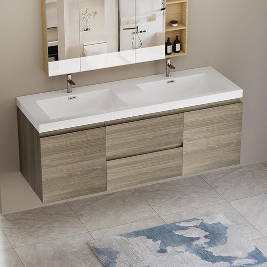 Wall Mounted 60 Inch Bathroom Vanity with Sink, Floating Vanity Bathroom, Double Sink Bathroom Vanity, 2 Drawers, 2 Soft Closing Doors, Resin Integrated Sink (Ash Grey)