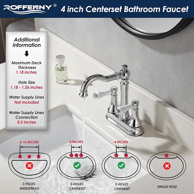 Porcelain 2-Handle Polished Chrome Bathroom Faucet 4" Centerset | with Plastic Pop-up Drain, Classical 4" Bath Lavatory Vanity Faucets for 2/3 Hole Sinks, High Arc 360° Swivel Brass Spout