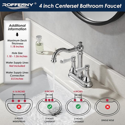 Porcelain 2-Handle Polished Chrome Bathroom Faucet 4" Centerset | with Plastic Pop-up Drain, Classical 4" Bath Lavatory Vanity Faucets for 2/3 Hole Sinks, High Arc 360° Swivel Brass Spout