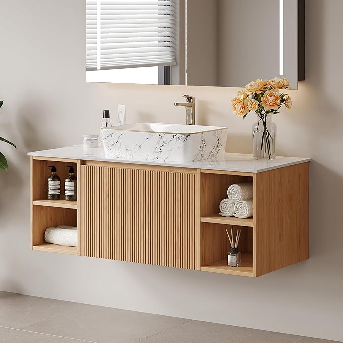 48" Floating Bathroom Vanity with Sink, Modern Vanity Cabinet with Sintered Stone Countertop, Wall Mount Bathroom Sink with Storage, Ceramic Basin, Light Wood