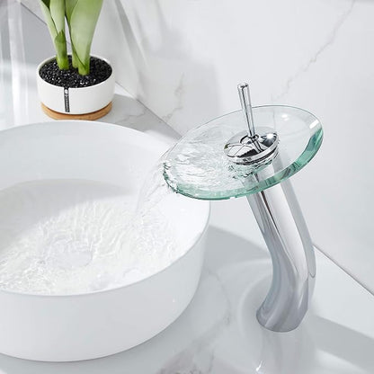 Waterfall Bathroom Faucet Glass Single Handle Solid Brass Basin Lavatory Vessel Sink Vanity Faucet, Tall, Polished Chrome …