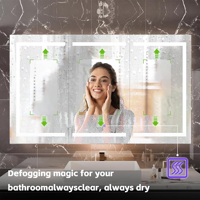Smart LED Medicine Cabinet with Mirror, 60W×36H Inch Bathroom Storage Medicine Cabinet, 3 Color Stepless Dimming & Anti-Fog, 5X Magnifier, Night Light, 3 Doors, DTC Soft-Close Hinges