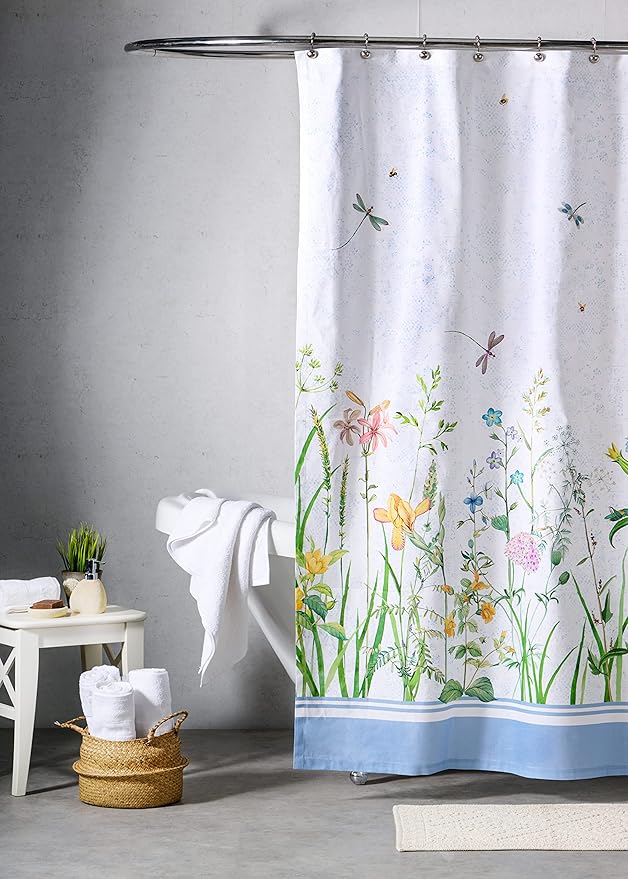 Maison d' Hermine Shower Curtain 100% Cotton One Panel 70"x72" Washable Fabric Shower Curtains for Bathroom, Easy Hanging with 12 Button Holes - Home Hotel Spa Easter Gifts (Fleurs De Mai)