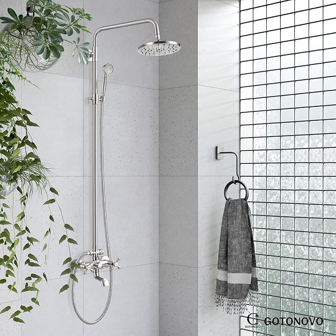 gotonovo Exposed Shower Faucet Set 8 Inch Rainfall Showerhead 3-Function Shower Fixture with Tub Spout 2 Corss Handles Shower System, Brushed Nickel