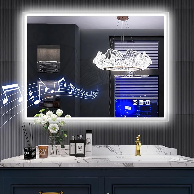 SBAGNO 24''x32'' LED Bathroom Mirror with Lights, Bathroom Vanity Wall Mirror with Bluetooth, Anti-Fog, Stepless Dimmable, 3 Colors, Tempered Glass Lighted Vanity Smart Mirror for Bathroom
