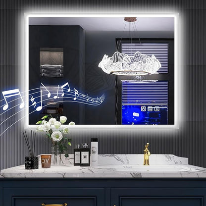 SBAGNO 24''x32'' LED Bathroom Mirror with Lights, Bathroom Vanity Wall Mirror with Bluetooth, Anti-Fog, Stepless Dimmable, 3 Colors, Tempered Glass Lighted Vanity Smart Mirror for Bathroom