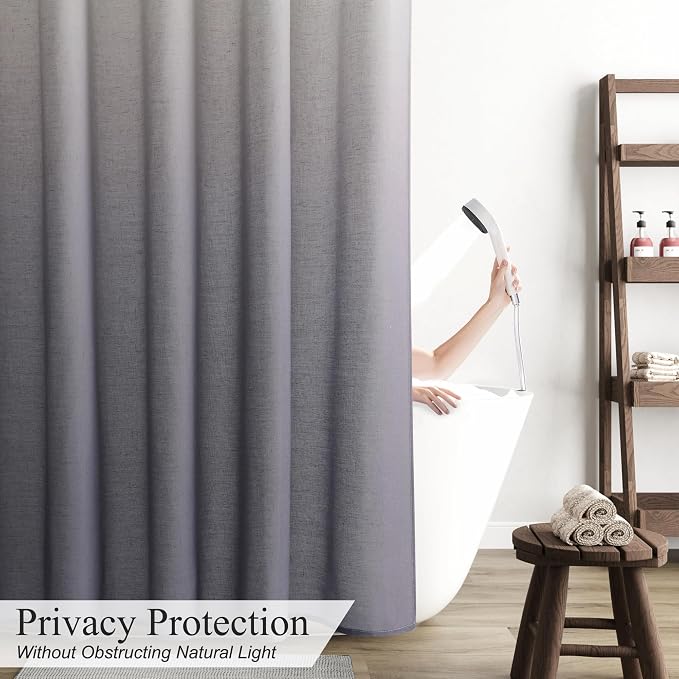 Ombre Grey Linen Shower Curtain, Rustic Boho Farmhouse Style Bath Curtains for Bathroom, Cotton Blend Water Resistant Fabric Shower Curtain with Stainless Steel Hooks, 72 x 84 Inch