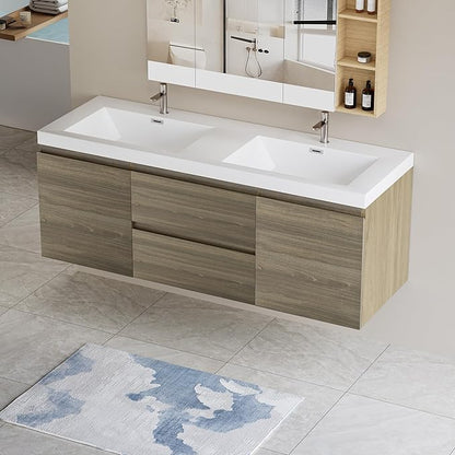 60 Inch Floating Bathroom Vanity with Double Sink, Modern Wall-Mounted Bathroom Vanity Storage Cabinet Organizer with Double Resin Top Basins and 4 Soft Close Drawers (Ash Grey)